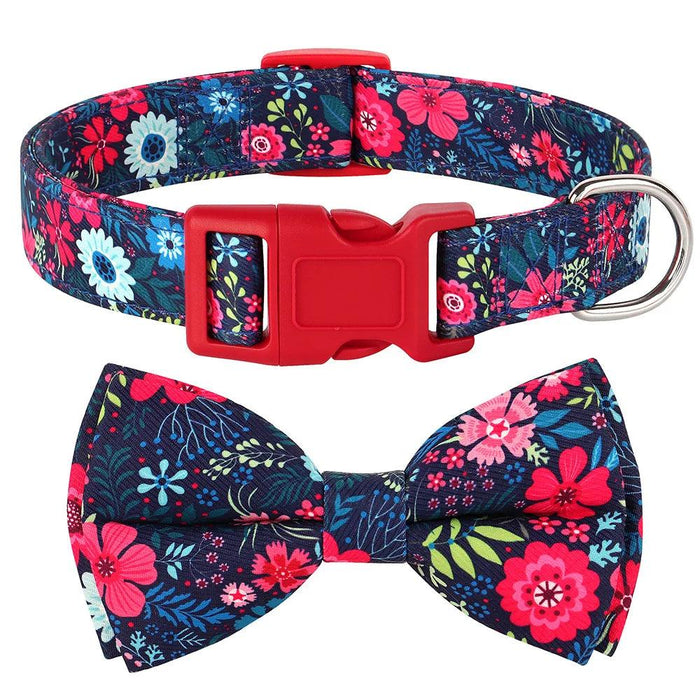 Floral Patterned Adjustable Dog Collar with Bowknot - Padded Nylon for All Breeds