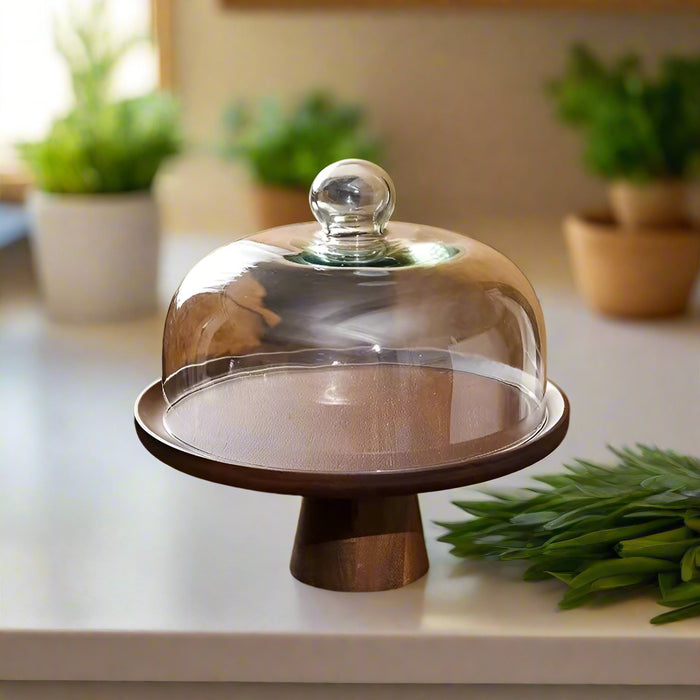 Elegant Acacia Wood Cake Stand with Shatterproof Acrylic Dome for Desserts, Fruits, and Charcuterie