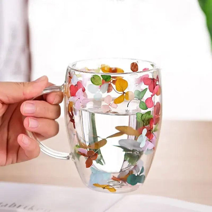 Elegant Double Walled Floral Glass Mug - High Borosilicate Coffee and Tea Cup with Handle