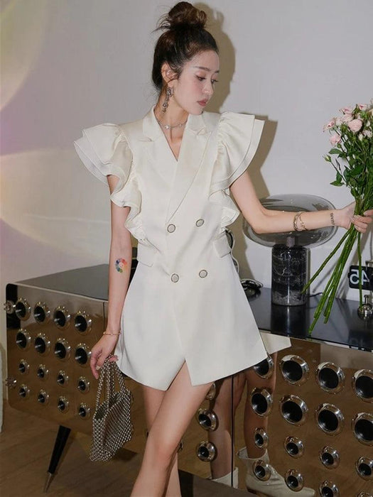 Notched Button Mini Dress with Ruffled Sleeves - Women's Summer Evening Wear