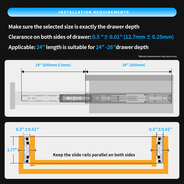 24" Heavy-Duty Push-to-Open Drawer Slides - Durable Galvanized Steel Pair for Cabinets