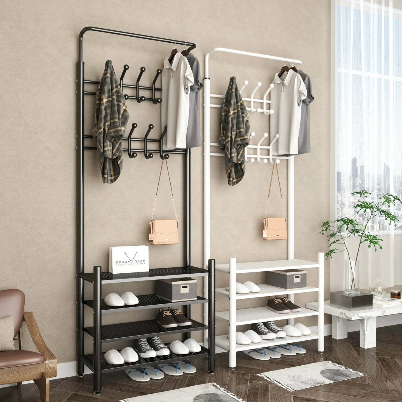 Contemporary Shoe and Coat Storage Rack with Hooks - Versatile Multi-tier Organizer for Entryways and Closets
