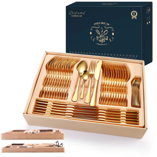 Elegant 84-Piece Gold Cutlery and Dinnerware Set for Kitchen, Picnics, and Dining