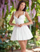 Chic White Embroidered A-Line Mini Dress with Waist Belt – Sleeveless V Neck, Backless Design for Stylish Night Out