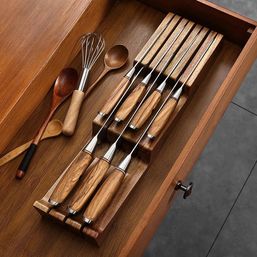 Acacia Wood 7-Slot Knife Storage Tray - Stylish Cutlery Organizer for Your Kitchen