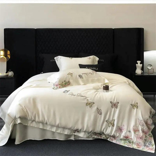 Luxury Butterfly Floral Embroidery Duvet Cover Set - Soft Lyocell Eucalyptus Fiber Bedding with Pillowcases and Flat Sheet