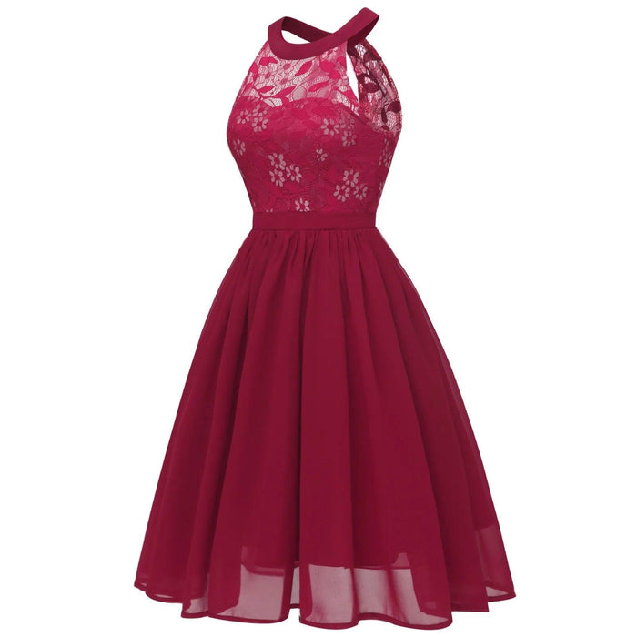 Chic Halter Neck Lace Chiffon Cocktail Dress for Summer Celebrations