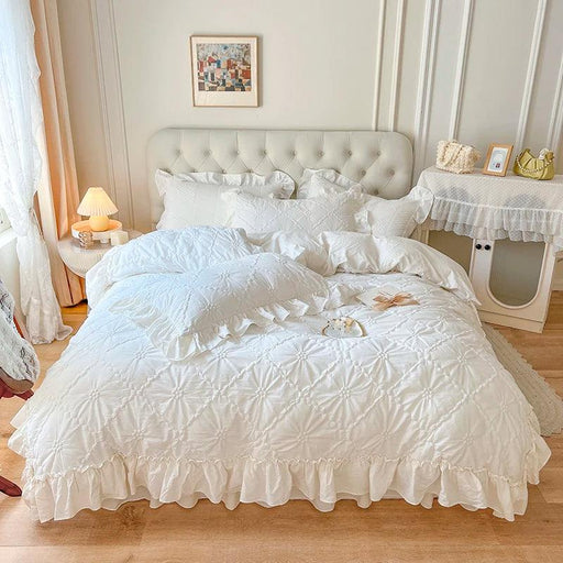 100% Cotton Ruffle Korean Princess Solid White Bedding Sets