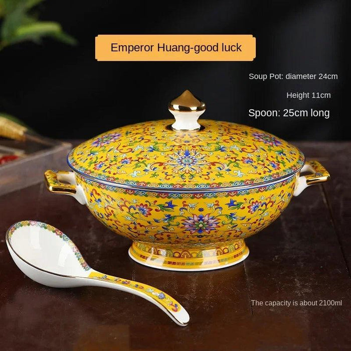 Authentic Elegant Under-glazed Ceramic Soup Pot with Lid and Spoon - Large Round Design with Gold Accents for Chinese Dining and Decor