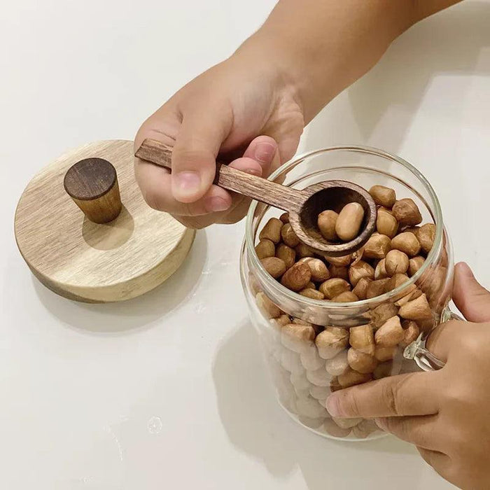 Elegant Glass Storage Jar with Acacia Wood Lid and Spoon for Coffee and Spices