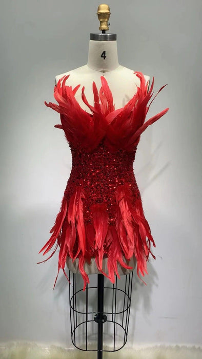 Crimson Elegance Feathered Night Out Dress - Luxe Edition