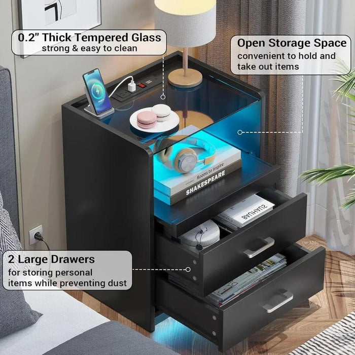 LED Smart Nightstand with Charging Station and Pull-out Tray - Modern Design with 2 Drawers