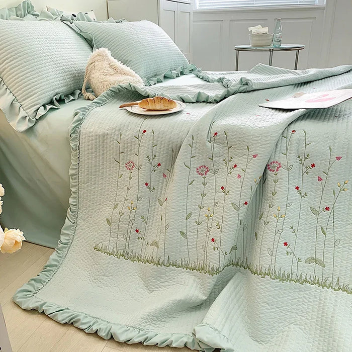 Embroidered Ruffle Flower Summer Quilt Set