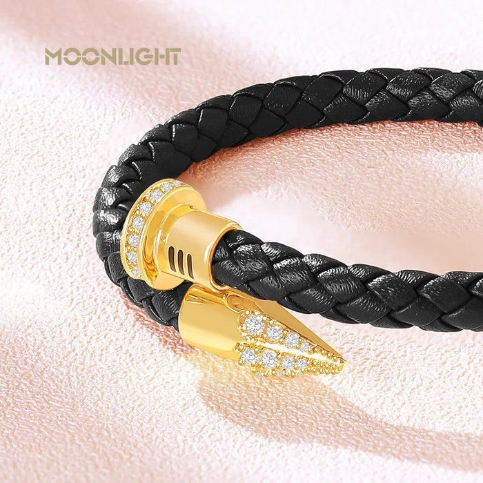 Chic Customizable Leather Nail Bracelet with Dazzling Zirconia - Stylish Women's Accessory