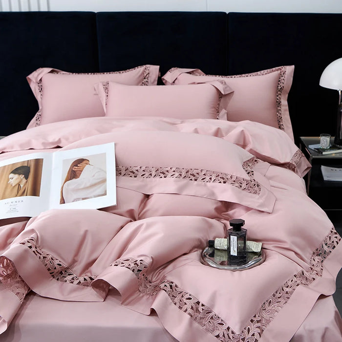 Exquisite 1200TC Egyptian Cotton Luxury Bedding Collection with Elegant Hollow Lace Trim, Duvet Cover, Flat & Fitted Sheets, and Pillowcases