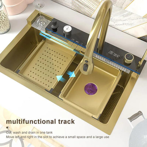 Golden Stainless Steel Kitchen Sink with Large Embossed Wash Basin - Modern Design