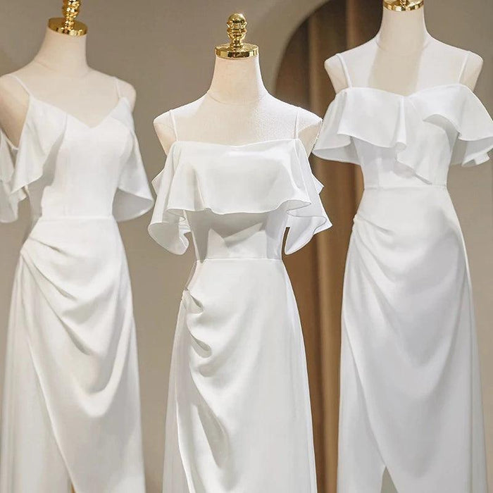 Chic High Low Satin Bridesmaid Dress in White with Spaghetti Straps for Elegant Wedding Celebrations