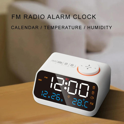 Sleek LED Alarm Clock with FM Radio, Temperature & Humidity Display for a Stylish Bedside Experience