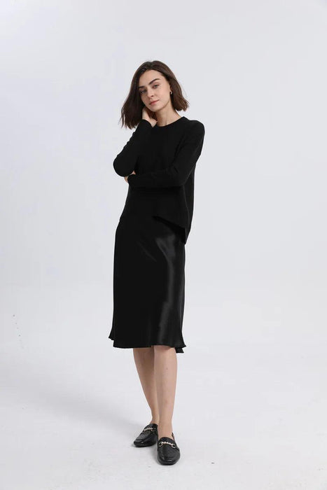 Chic Loose Knitting Top and Luxurious Acetate Satin Skirt Set for Women