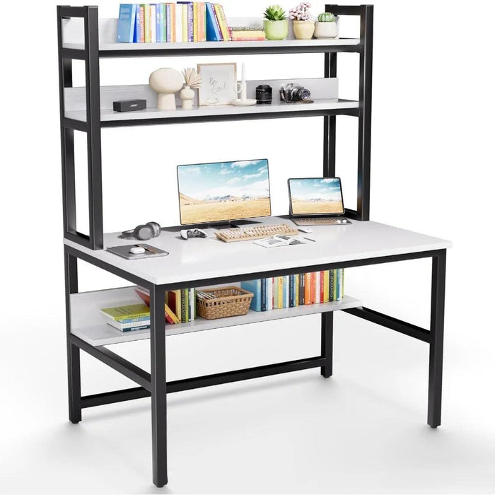 Modern White Office Desk with Hutch and 3-Tier Bookshelf for Stylish Workspace Efficiency