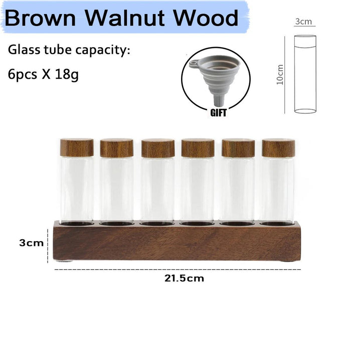 Elegant Coffee Bean Display Organizer with Glass Tubes and Walnut Base