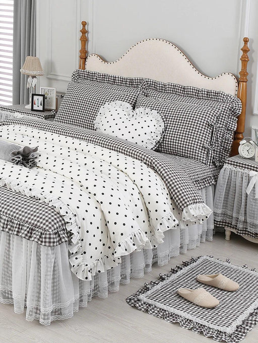 Polka Dot Cotton Luxurious 4-Piece Set with Ruffled Duvet Cover and Coordinated Bed Skirt