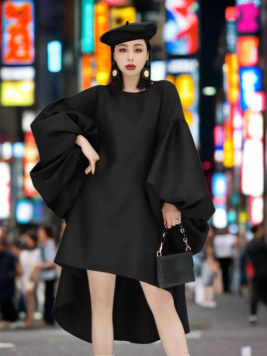 Batwing Sleeve Solid Color Dress for Autumn
