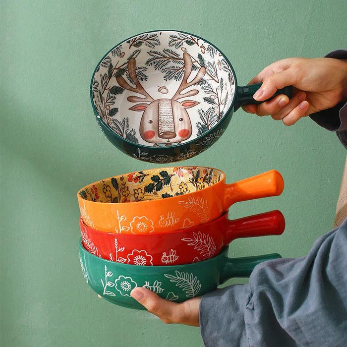 Forest Animal Design Large Ceramic Noodle Bowl with Single Handle - Creative Home and Restaurant Decor