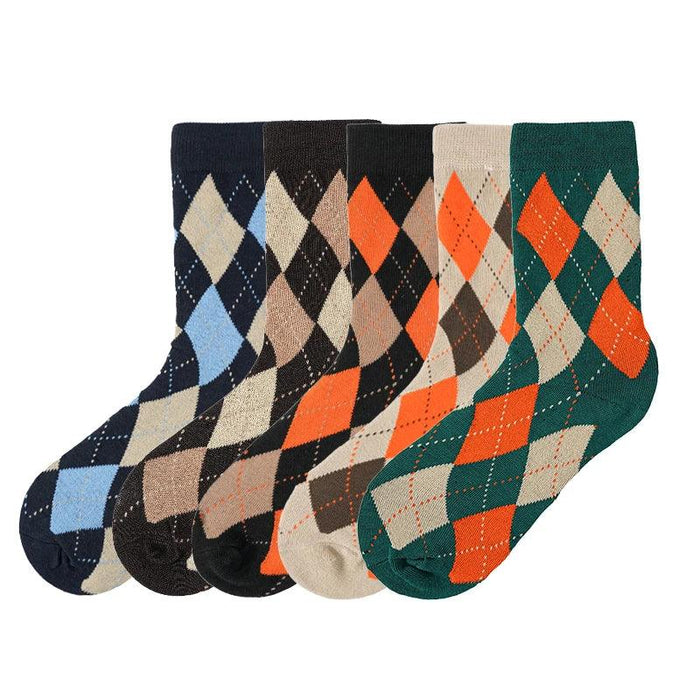 Vibrant Argyle Geometric Socks for Men - Set of 5 Cozy Combed Cotton Winter Essentials