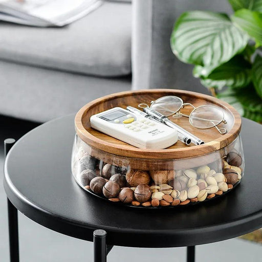 Elegant Acacia Wood Double-Tier Glass Storage Tray for Nuts and Fruits