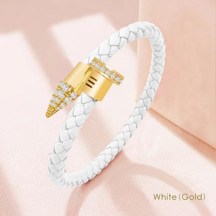 Chic Customizable Leather Nail Bracelet with Dazzling Zirconia - Stylish Women's Accessory