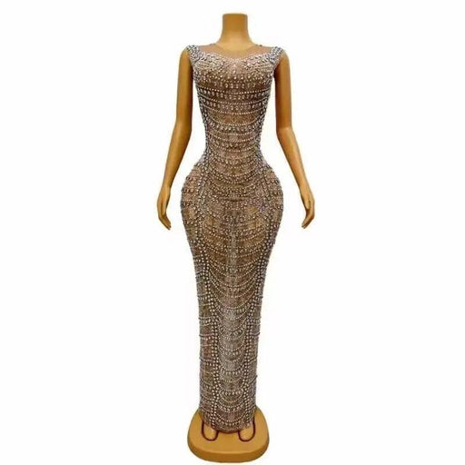 Glittering Crystal-Embellished Mesh Dress for Nightclub Performers