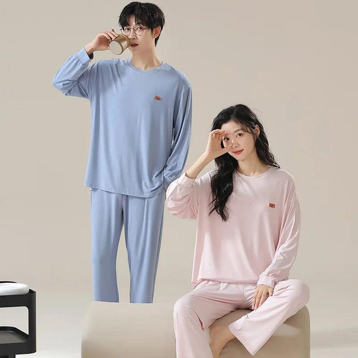 Chic Spring 2024 Modal Couples Pajama Set - Long Sleeve Loungewear with Cozy Round Neck