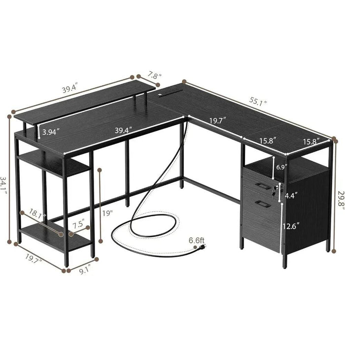 Modern Black L-Shaped Office Desk with Integrated Power Outlets