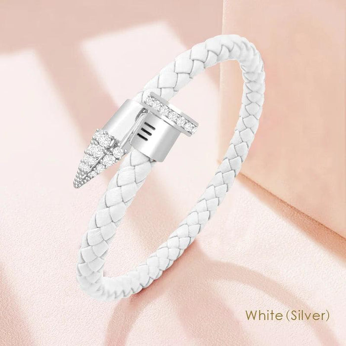 Chic Customizable Leather Nail Bracelet with Dazzling Zirconia - Stylish Women's Accessory