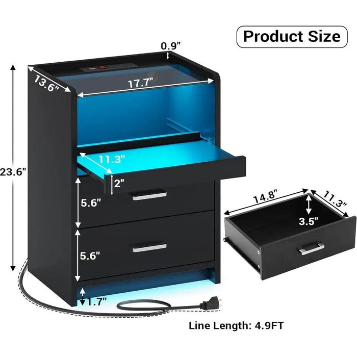 LED Smart Nightstand with Charging Station and Pull-out Tray - Modern Design with 2 Drawers