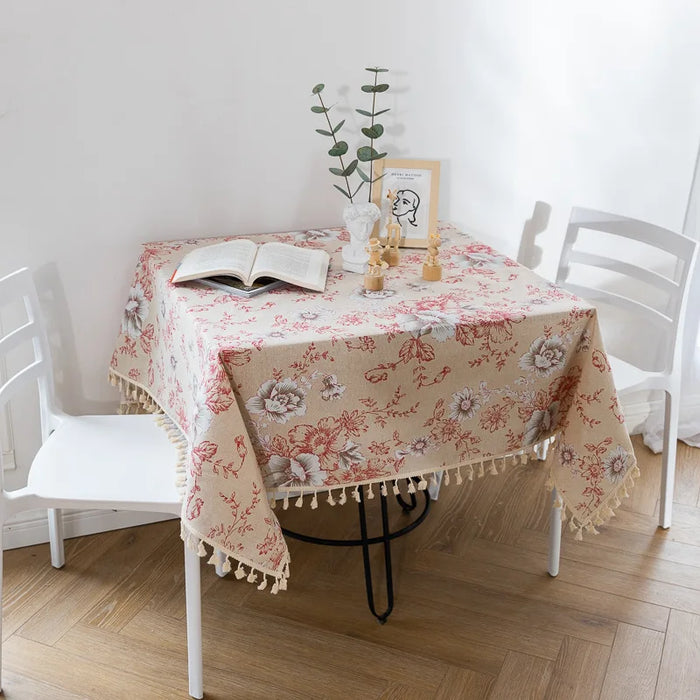 Elegant Vintage Floral Cotton Linen Table Runner with Chic Tassels