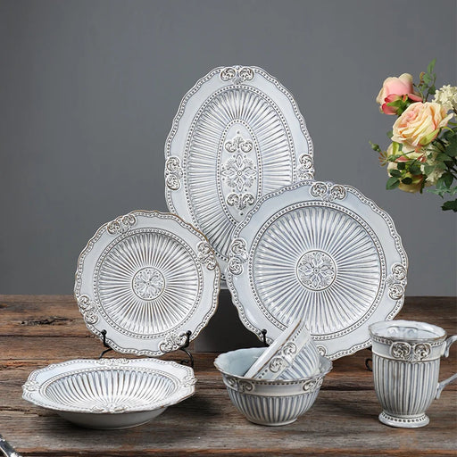 Embossed Baroque Ceramic Dinner Plates - Elegant Set of 4 for Sophisticated Dining