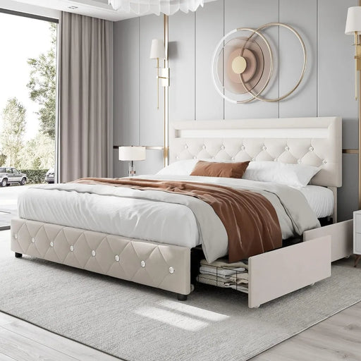 Luxurious Velvet Platform Bed with LED Headboard, 4 Storage Drawers, and Tufted Design