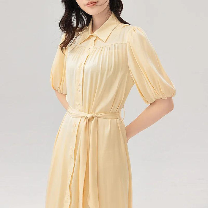 Silk Serenity Lace-Up Waist Dress - Women's Chic Solid Ensemble Exuding Feminine Charm