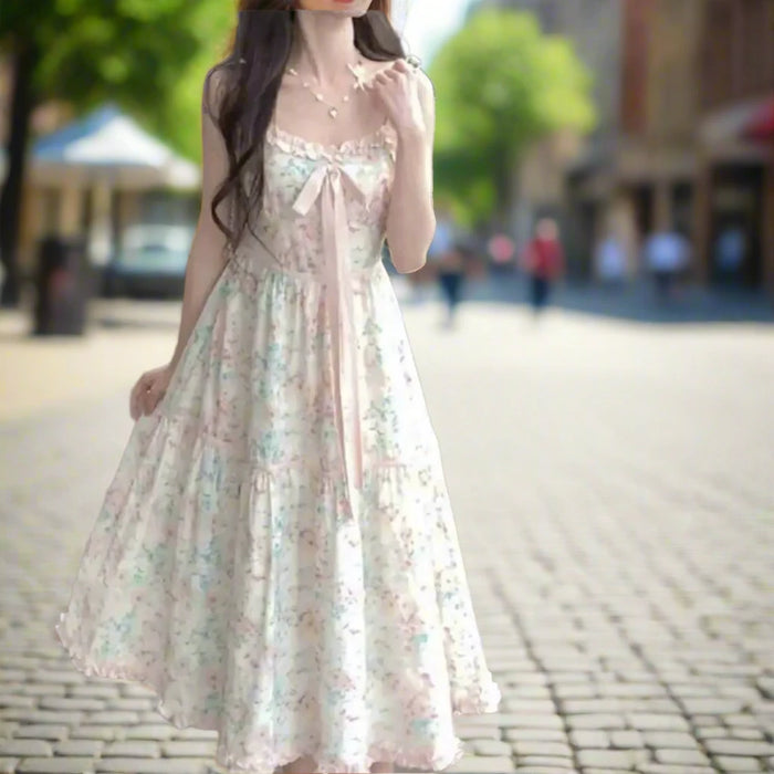 Floral Midi Dress with Adorable Bow - Trendy Korean Style Casual Evening Outfit for Women