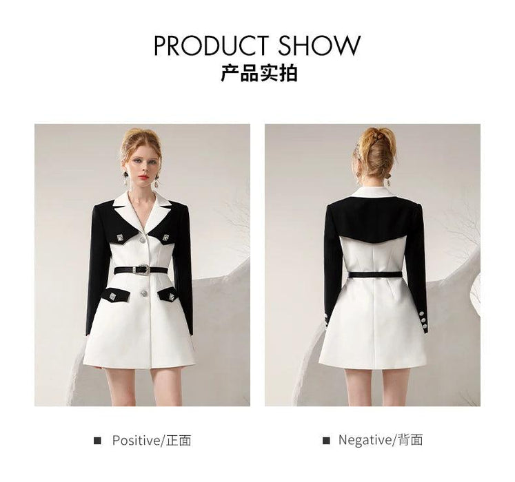 Chic Spring Black and White Business Suit Dress with Niche Waist Design