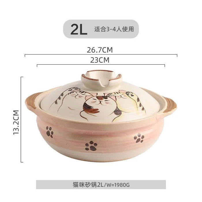 Charming Japanese Cat Ceramic Stew Pot with Easy Grip Double Ear Handle for Gourmet Cooking