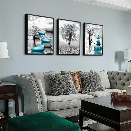 Elegant Blue Abstract Canvas Art Trio with Sleek Black Frames - 3-Piece Set, 20x28 inches Each