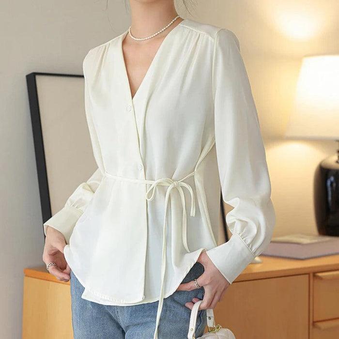 Trendy White V Neck Lace-Up Blouse for Women - Stylish Button-Up