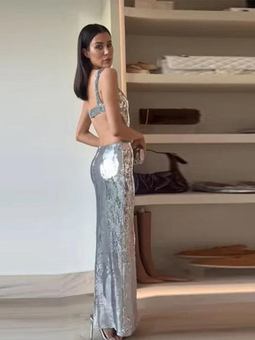 Glamorous Silver Backless Maxi Dress - Elegant Evening Party Attire