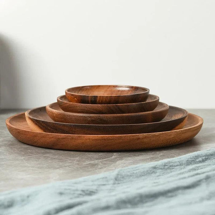 Elegant Acacia Wood Round Serving Platter Set for Japanese Cuisine and Desserts