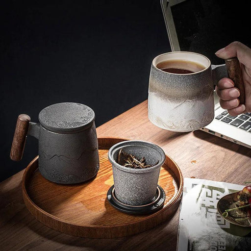 Chic Retro Ceramic Tea Mug with Wooden Lid and Handle - Perfect for Gifting at Home or Office