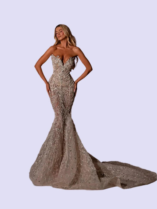 Radiant Crystal-Embellished Mermaid Bridal Gown with Elegant V-Neck