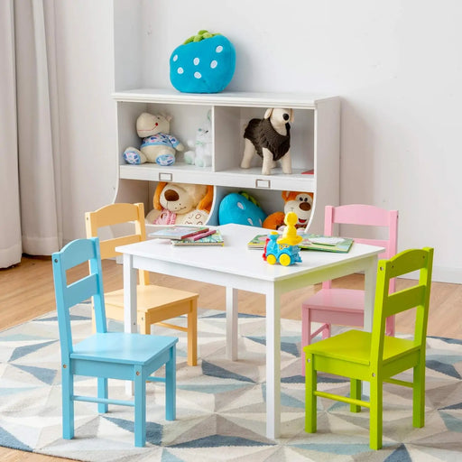 Children's Wooden Table and Chair Set with 4 Chairs - Perfect for Arts & Crafts, Snack Time, Homeschooling, White/Primary Colors
